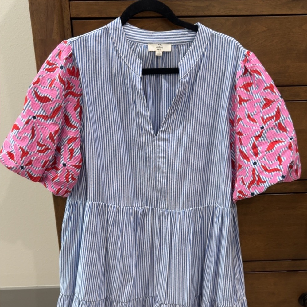 Entro Blue and White Striped Dress with Pink Sleeves
